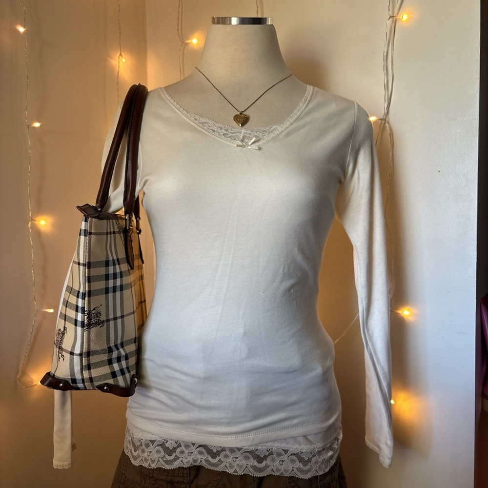 Cuddl Duds Cream Lace Trim Long Sleeve Top
